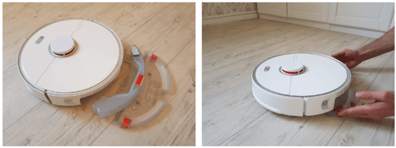 Бак для воды и пластина для мытья прикреплены к роботу-пылесосу сзади.